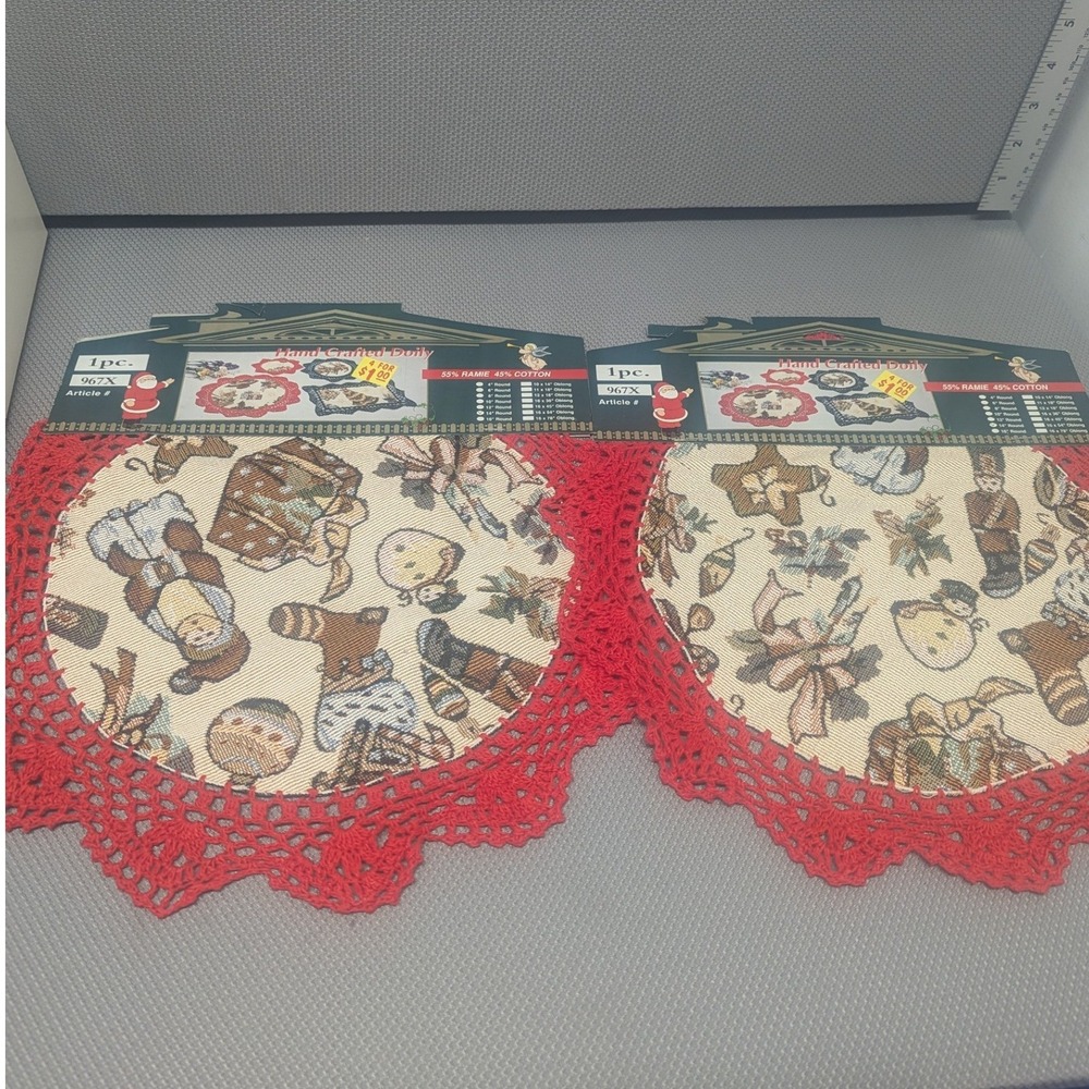 Set of 2 Vintage Christmas Tapestry Doilies Red Crochet Lace 10" Santa Snowman